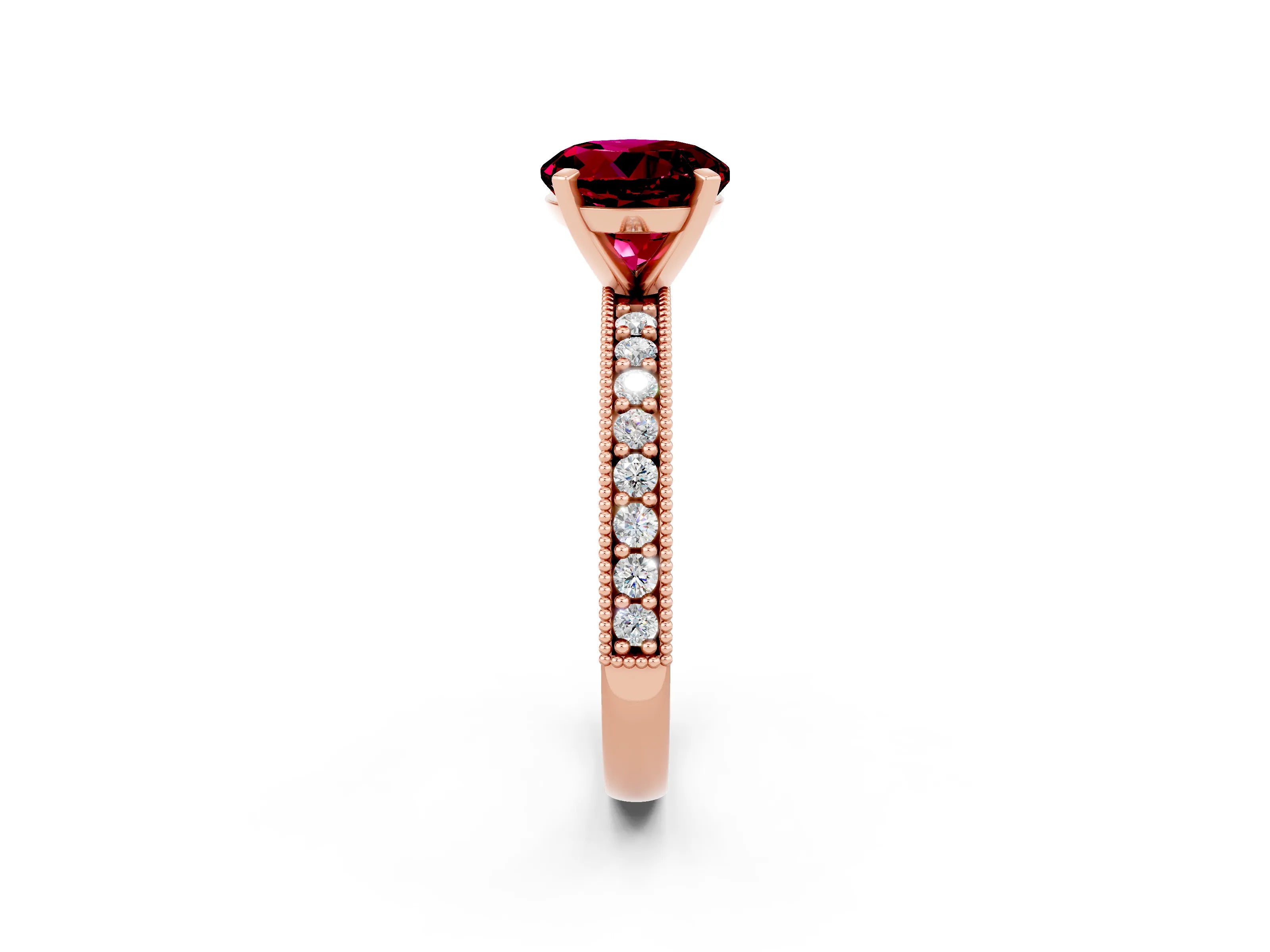 Rose gold Round Cut Garnet Milgrain Pavé Engagement Ring with Four-Prong Setting_2