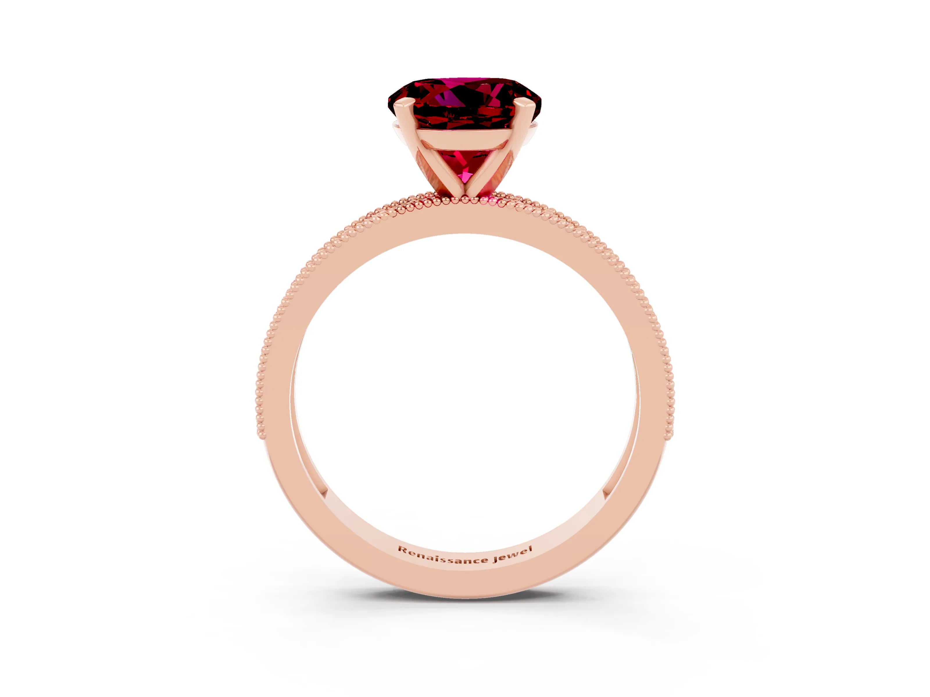 Rose gold Round Cut Garnet Milgrain Pavé Engagement Ring with Four-Prong Setting_3