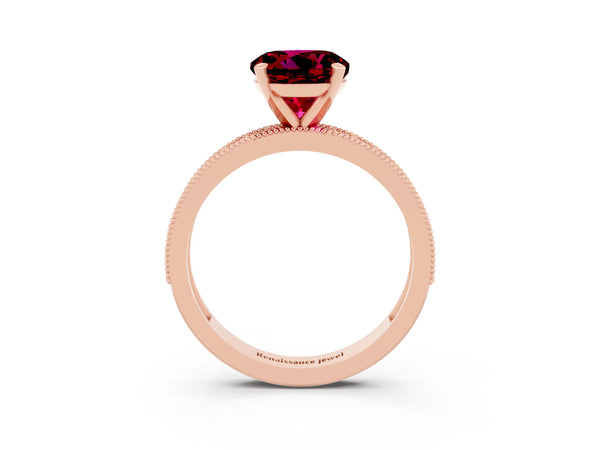 Rose gold Round Cut Garnet Milgrain Pavé Engagement Ring with Four-Prong Setting