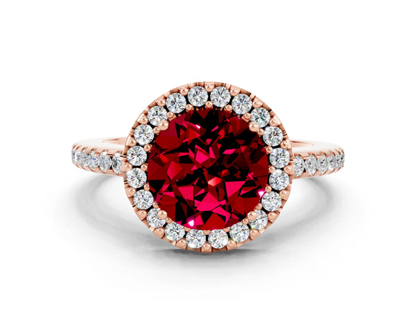 Rose gold Round Cut Garnet Pavé Halo Ring with Four-Prong Setting