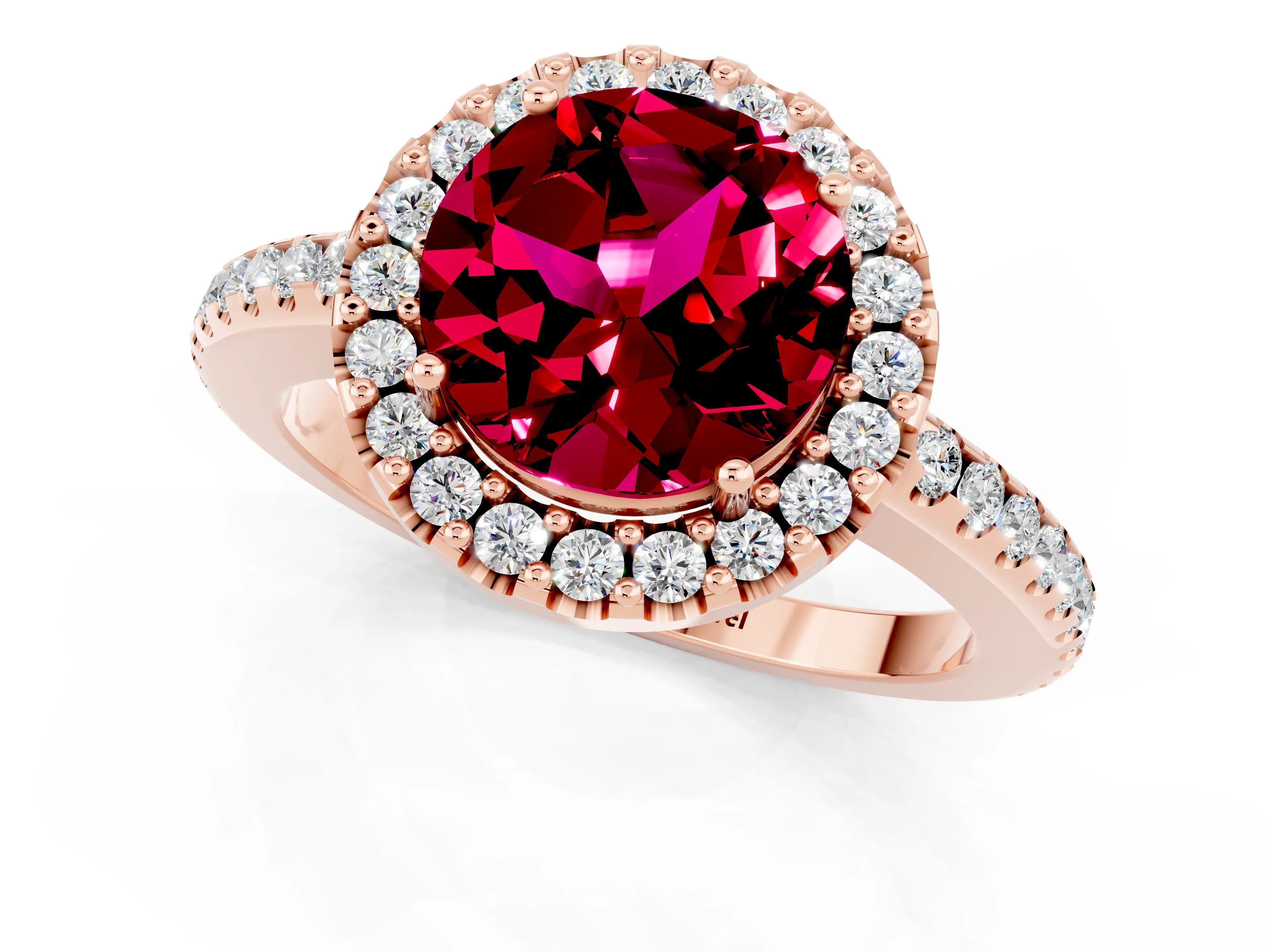 Rose gold Round Cut Garnet Pavé Halo Ring with Four-Prong Setting_13