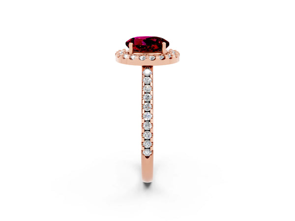 Rose gold Round Cut Garnet Pavé Halo Ring with Four-Prong Setting