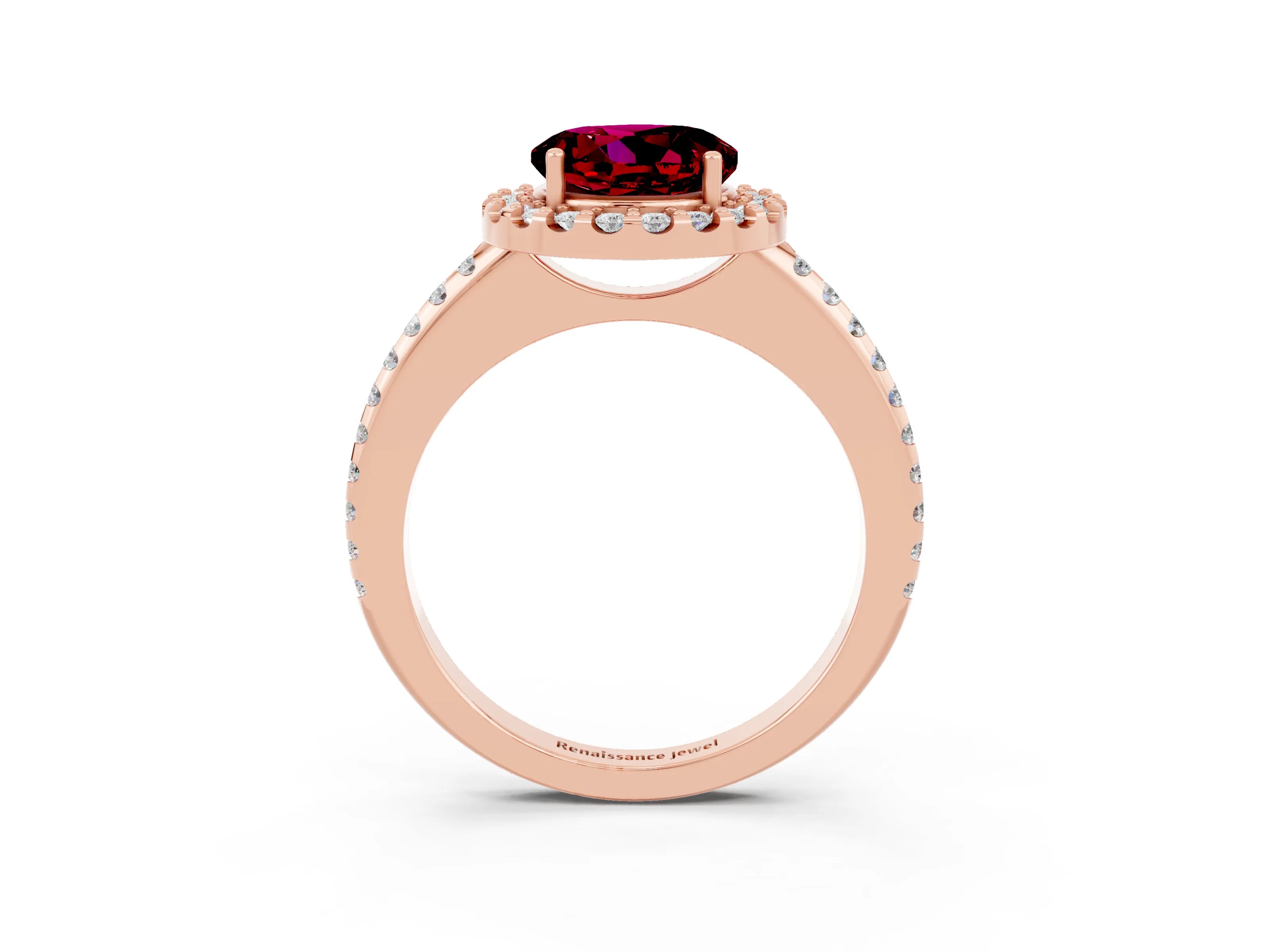 Rose gold Round Cut Garnet Pavé Halo Ring with Four-Prong Setting_15