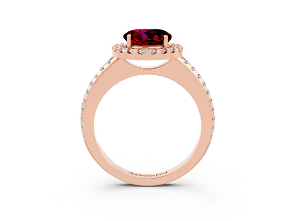 Rose gold Round Cut Garnet Pavé Halo Ring with Four-Prong Setting