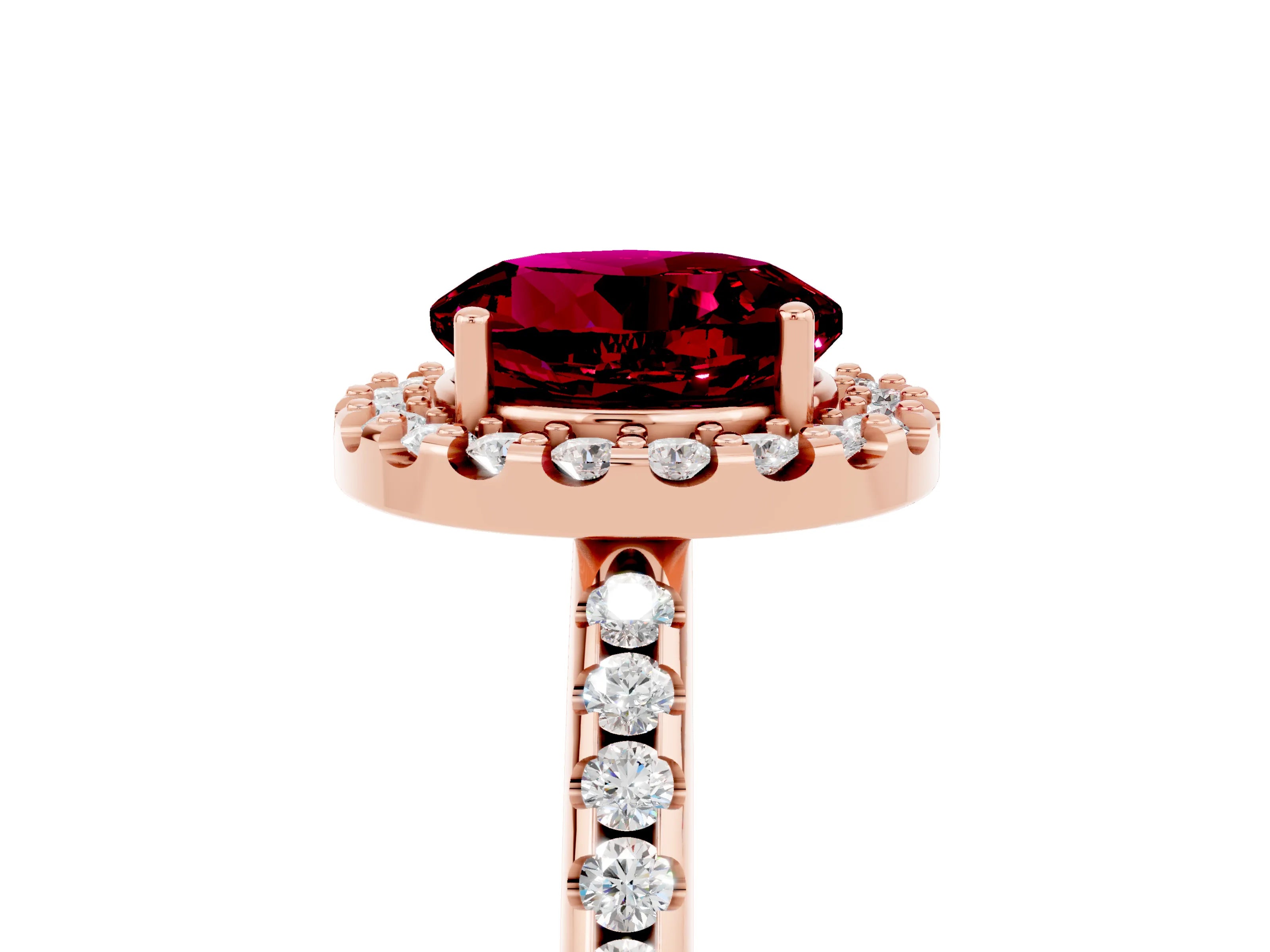 Rose gold Round Cut Garnet Pavé Halo Ring with Four-Prong Setting_17