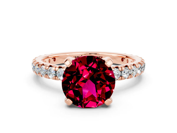 Rose gold Round Cut Garnet Pavé Solitaire Ring with Round Band and Prong Setting