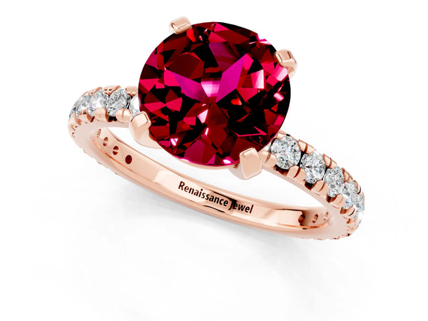 Rose gold Round Cut Garnet Pavé Solitaire Ring with Round Band and Prong Setting