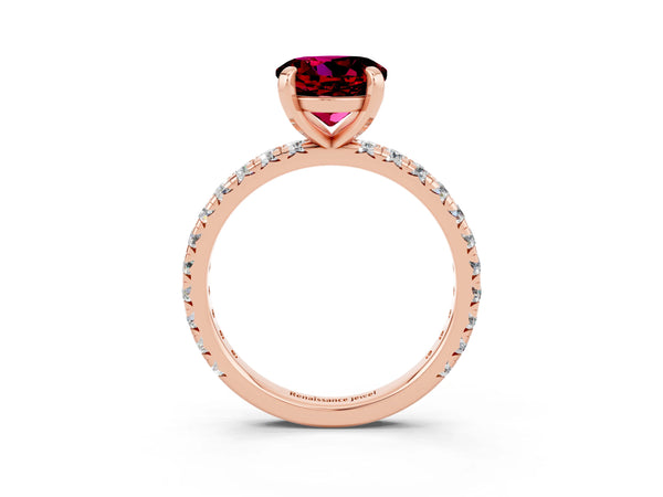 Rose gold Round Cut Garnet Pavé Solitaire Ring with Round Band and Prong Setting