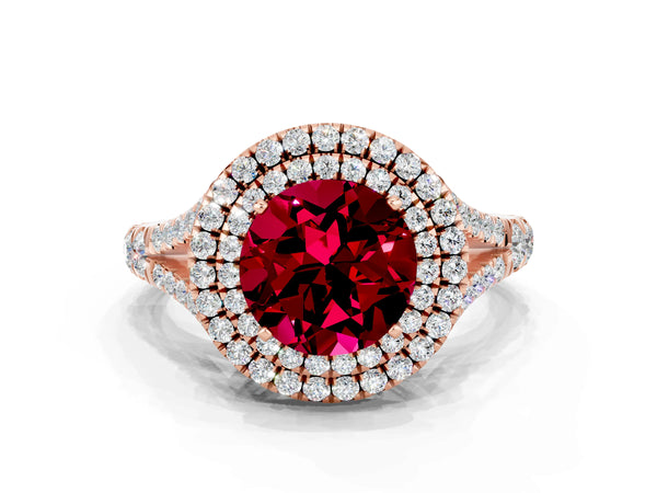 Rose gold Round Cut Garnet Pavé Split Shank Double Halo Engagement Ring