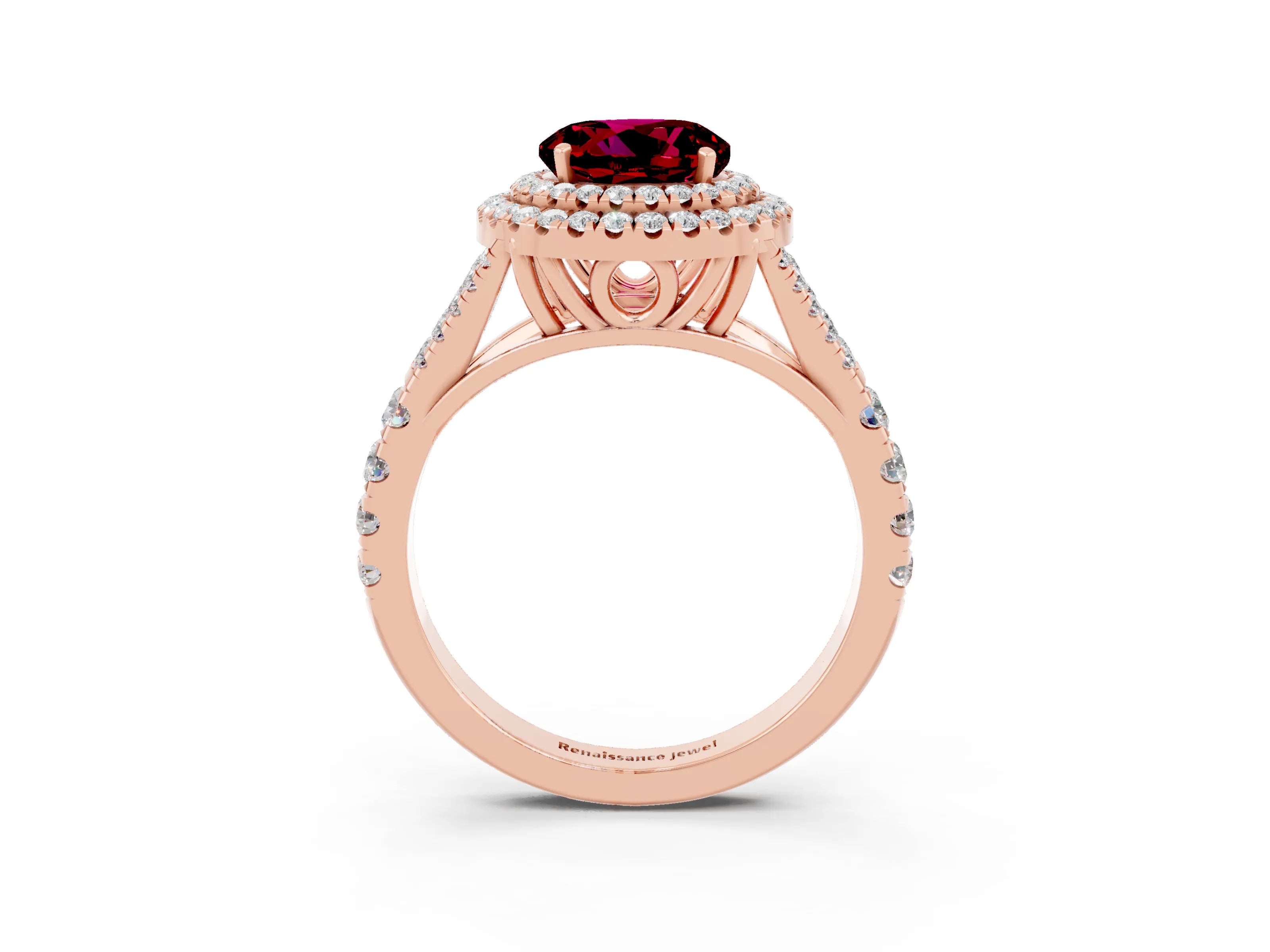 Rose gold Round Cut Garnet Pavé Split Shank Double Halo Engagement Ring_3