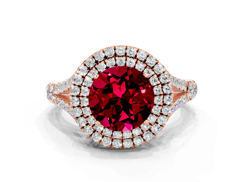 Rose gold Round Cut Garnet Pavé Split Shank Double Halo Engagement Ring
