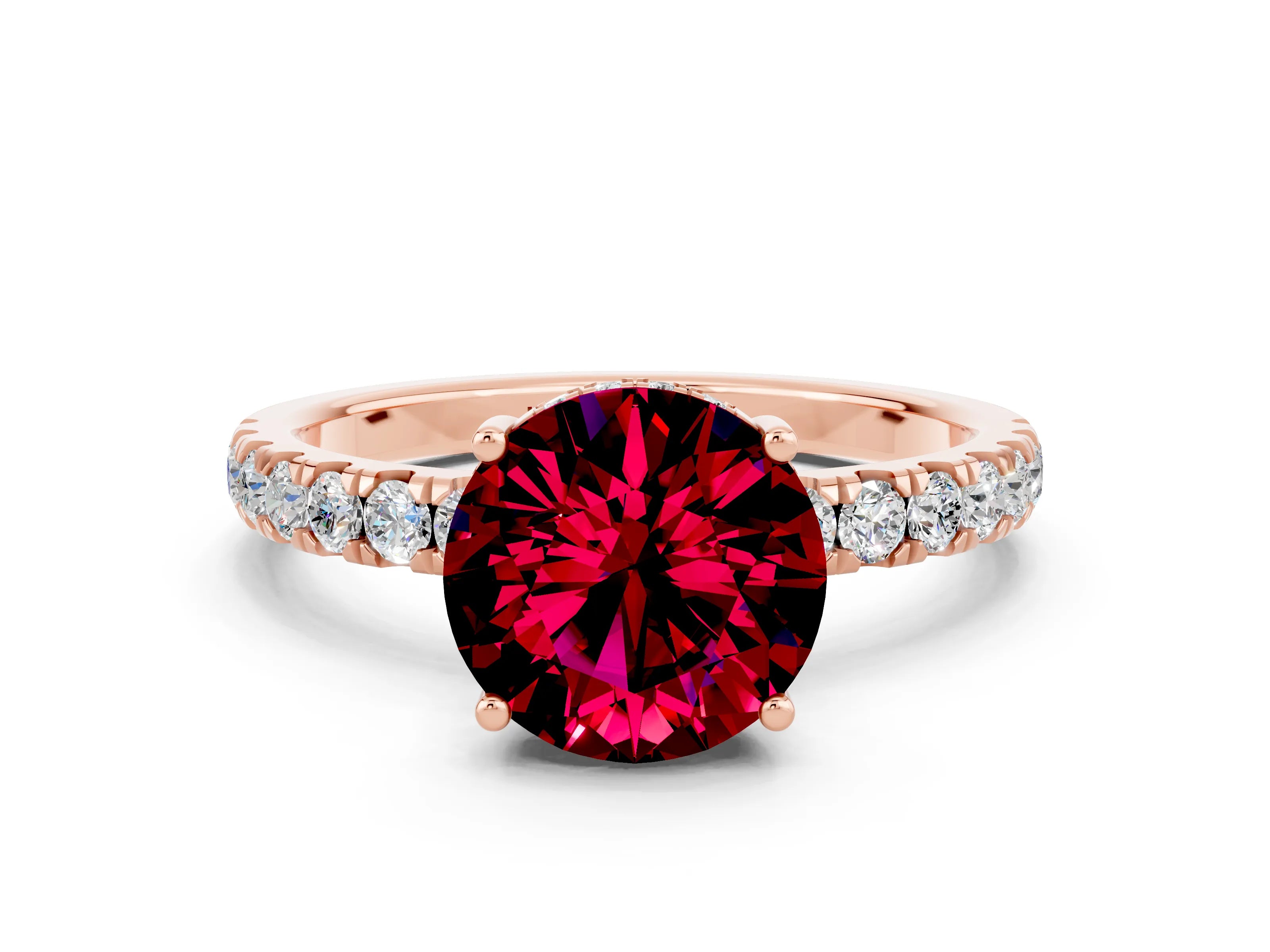 Rose gold Round Cut Garnet Pave Band Solitaire Ring with Four-Prong Setting_24