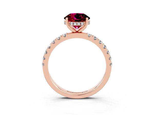 Rose gold Round Cut Garnet Pave Band Solitaire Ring with Round  and Prong Setting