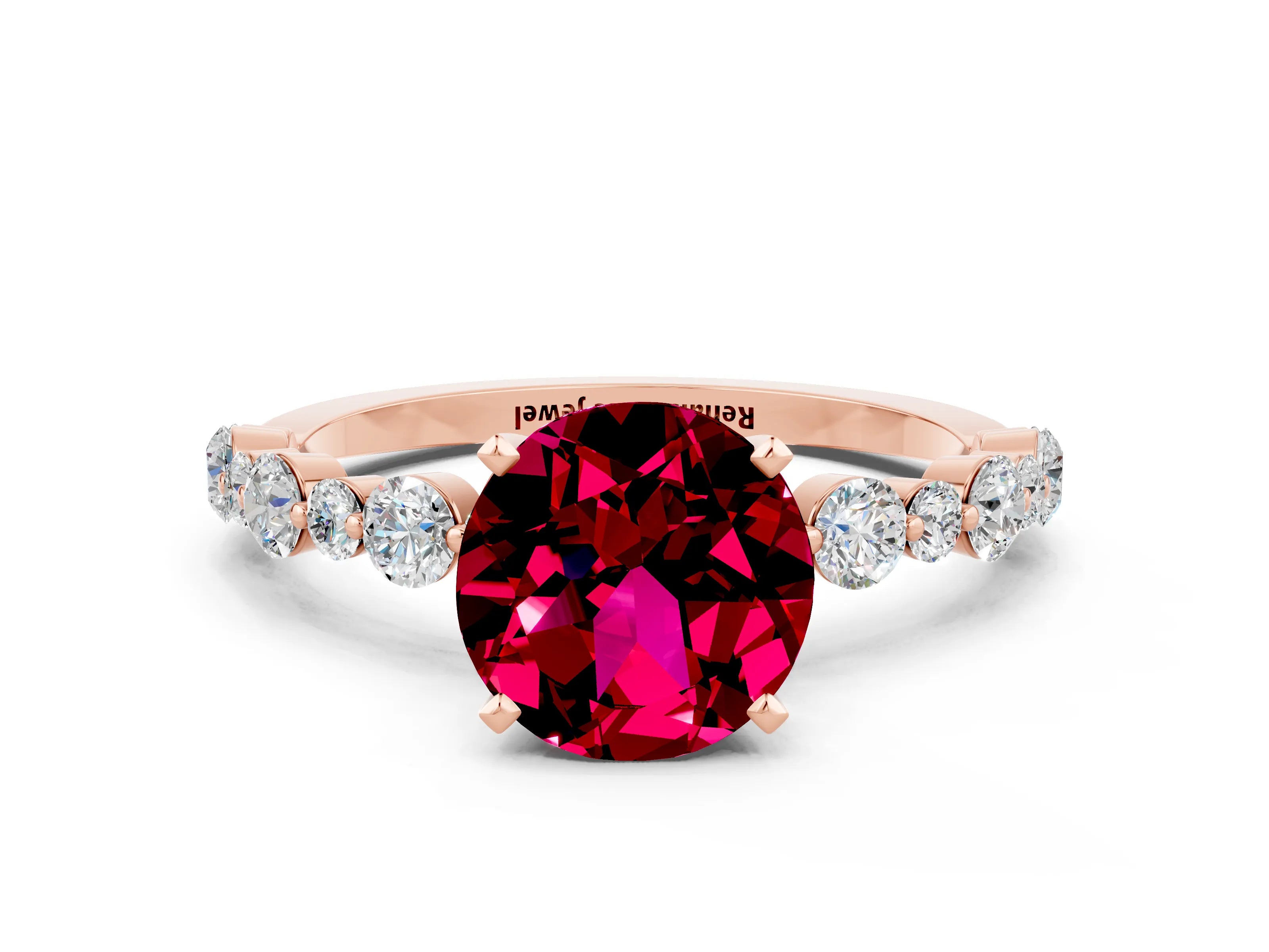 Rose gold Round Cut Garnet Prong Set Engagement Ring with Pavé Band