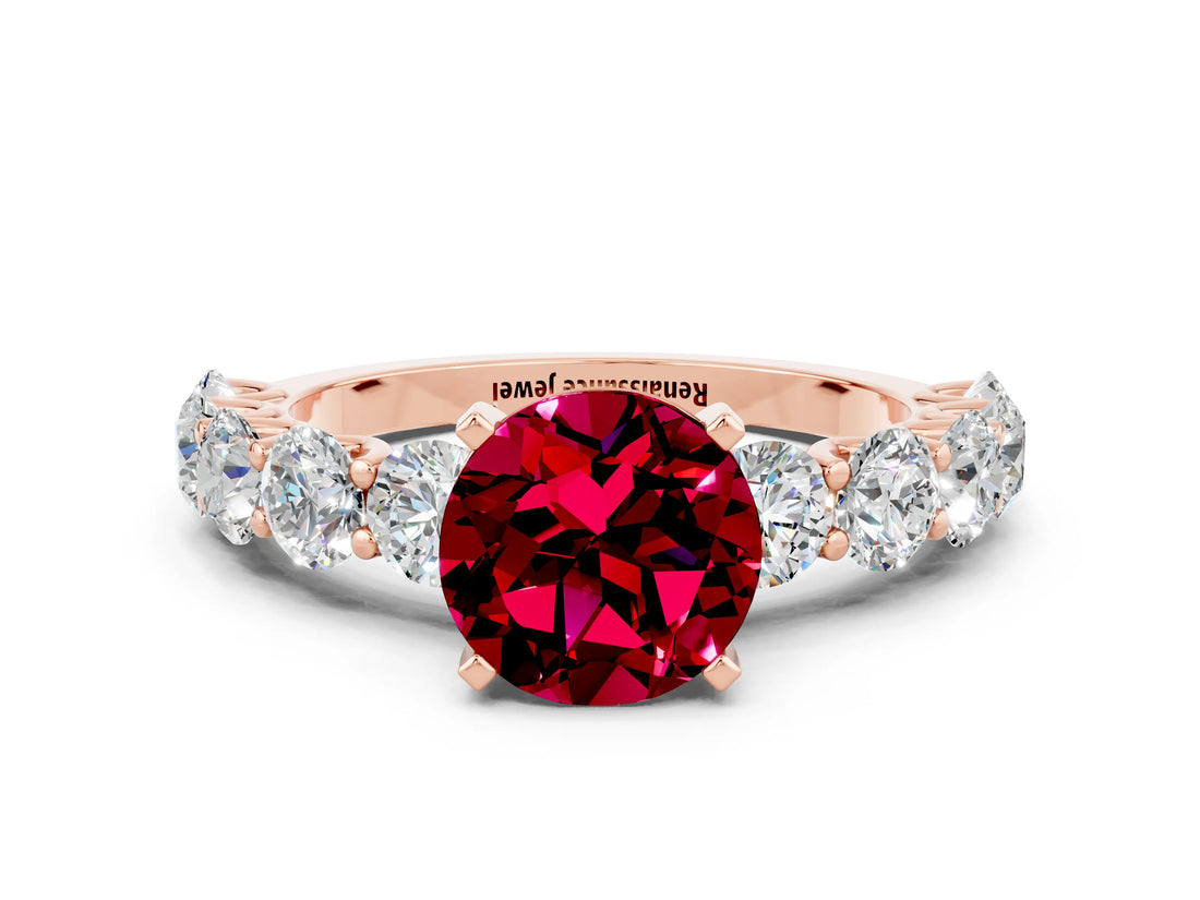 Rose gold Round Cut Garnet Prong Setting with Side Stones on a Pave Band