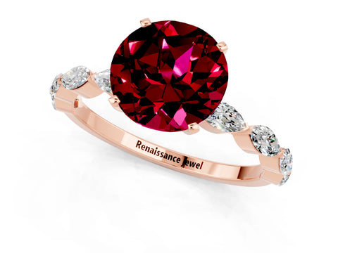 Rose gold Round Cut Garnet Ring with Marquise Side Stones and Prong Setting_1