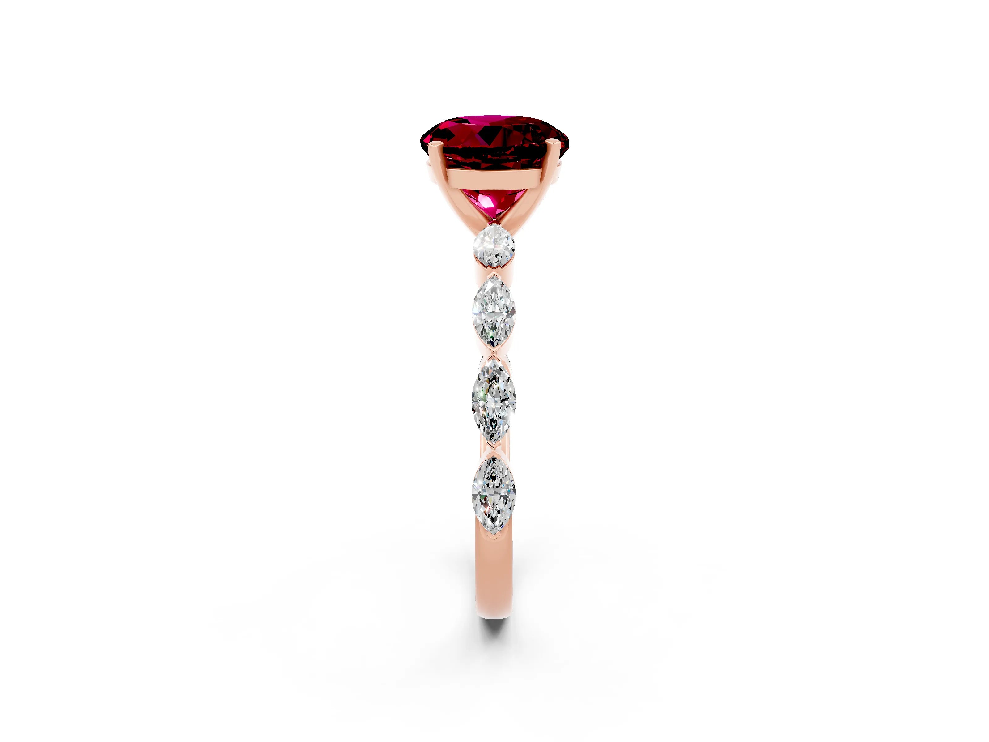 Rose gold Round Cut Garnet Ring with Marquise Side Stones and Prong Setting_2