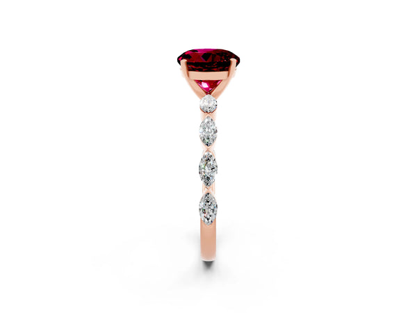 Rose gold Round Cut Garnet Ring with Marquise Side Stones and Prong Setting