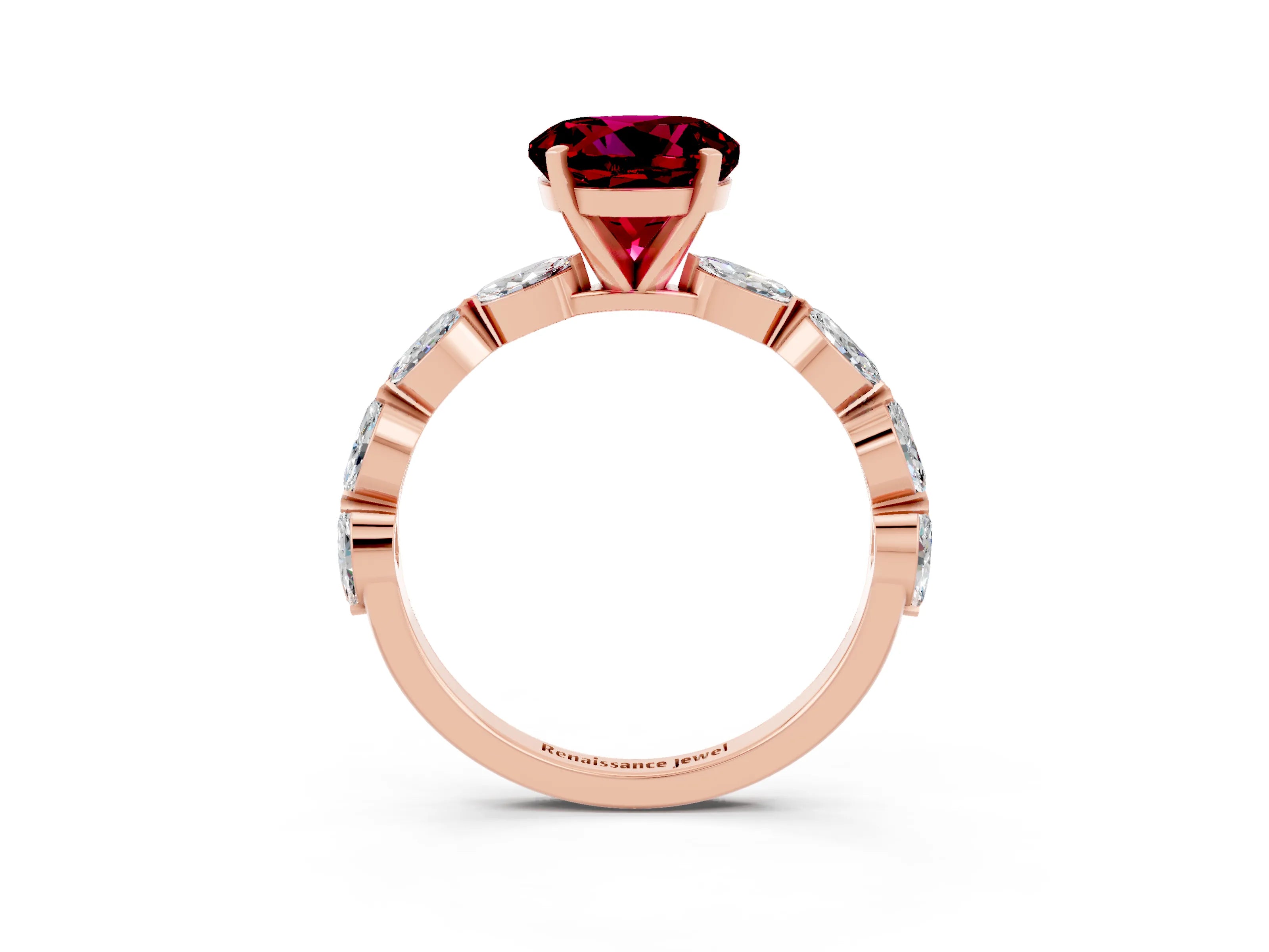 Rose gold Round Cut Garnet Ring with Marquise Side Stones and Prong Setting_3