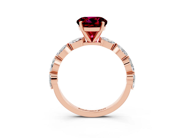 Rose gold Round Cut Garnet Ring with Marquise Side Stones and Prong Setting