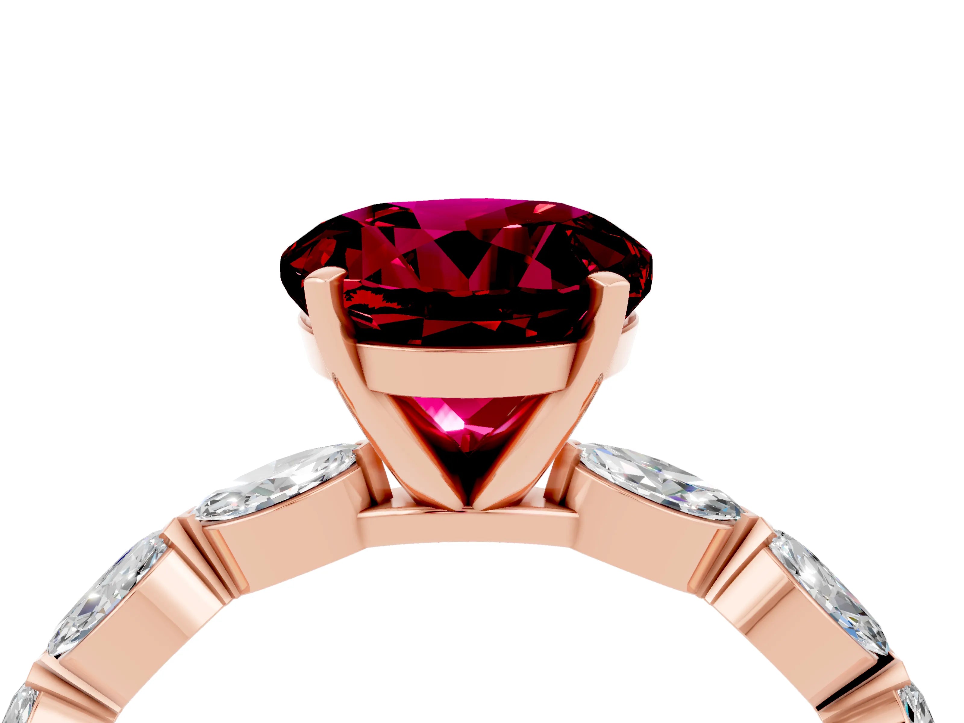 Rose gold Round Cut Garnet Ring with Marquise Side Stones and Prong Setting_4