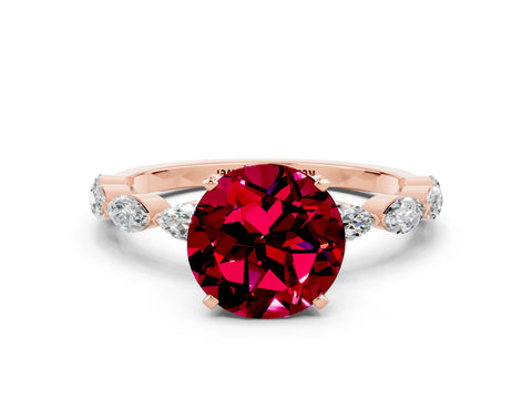Rose gold Round Cut Garnet Ring with Marquise Side Stones and Prong Setting