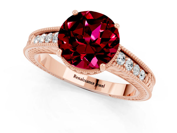 Rose gold Round Cut Garnet Ring with Milgrain Pavé Band and Four-Prong Setting
