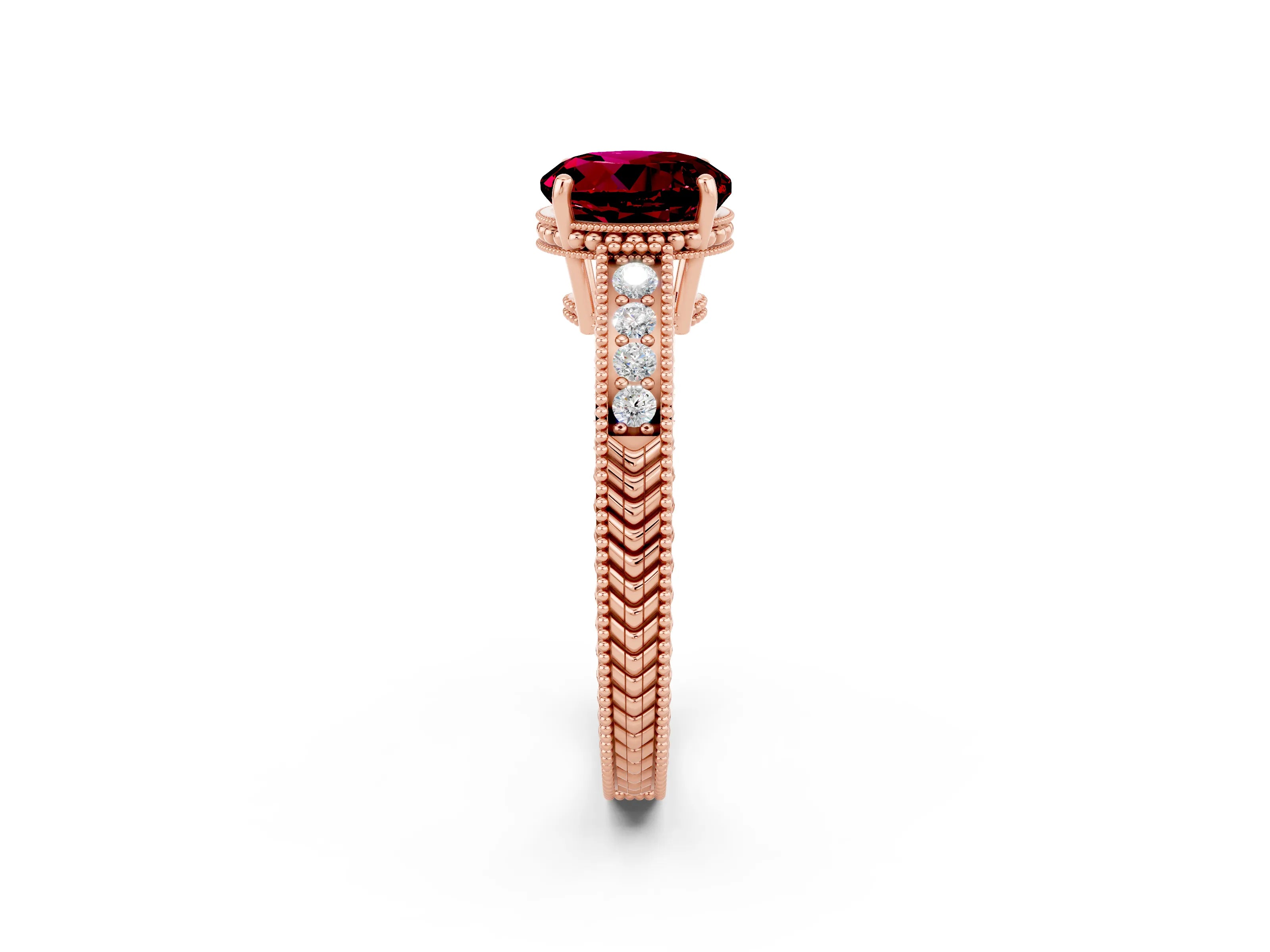 Rose gold Round Cut Garnet Ring with Milgrain Pavé Band and Four-Prong Setting_14