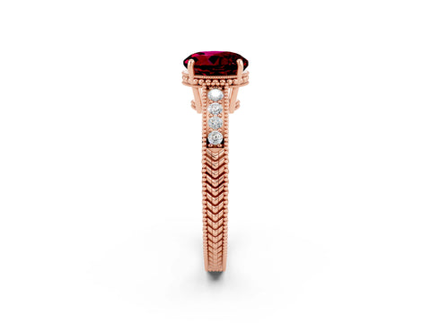 Rose gold Round Cut Garnet Ring with Milgrain Pavé Band and Four-Prong Setting_14