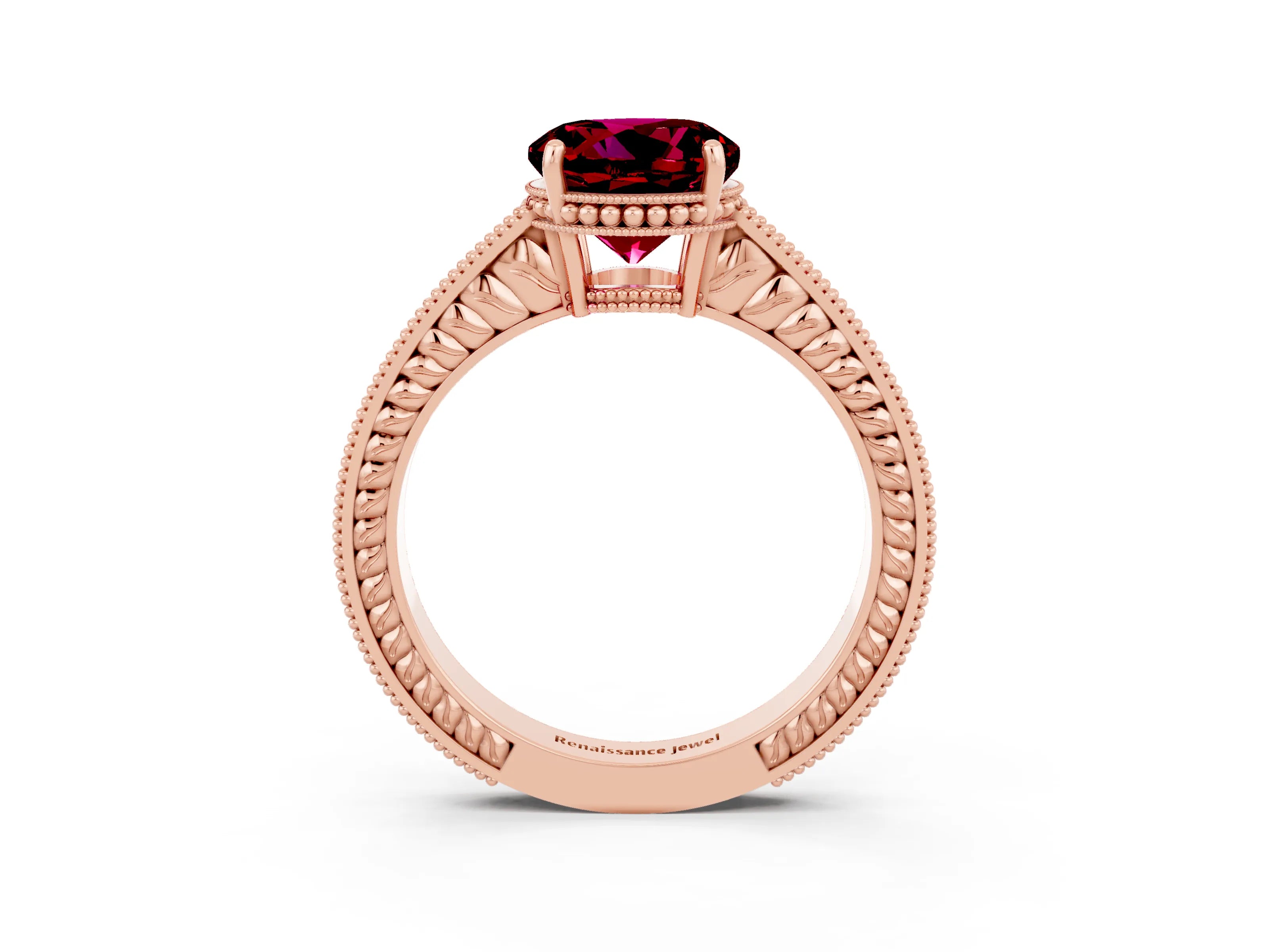 Rose gold Round Cut Garnet Ring with Milgrain Pavé Band and Four-Prong Setting_15