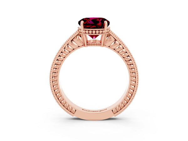 Rose gold Round Cut Garnet Ring with Milgrain Pavé Band and Four-Prong Setting