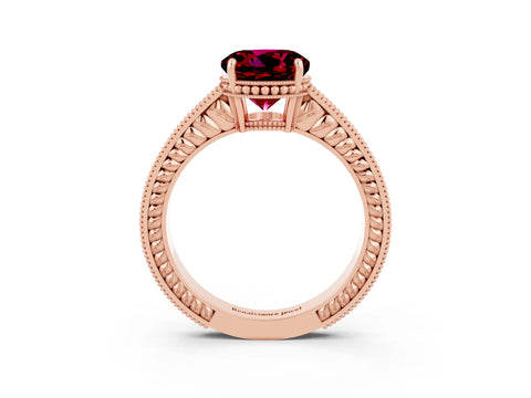 Rose gold Round Cut Garnet Ring with Milgrain Pavé Band and Four-Prong Setting_15