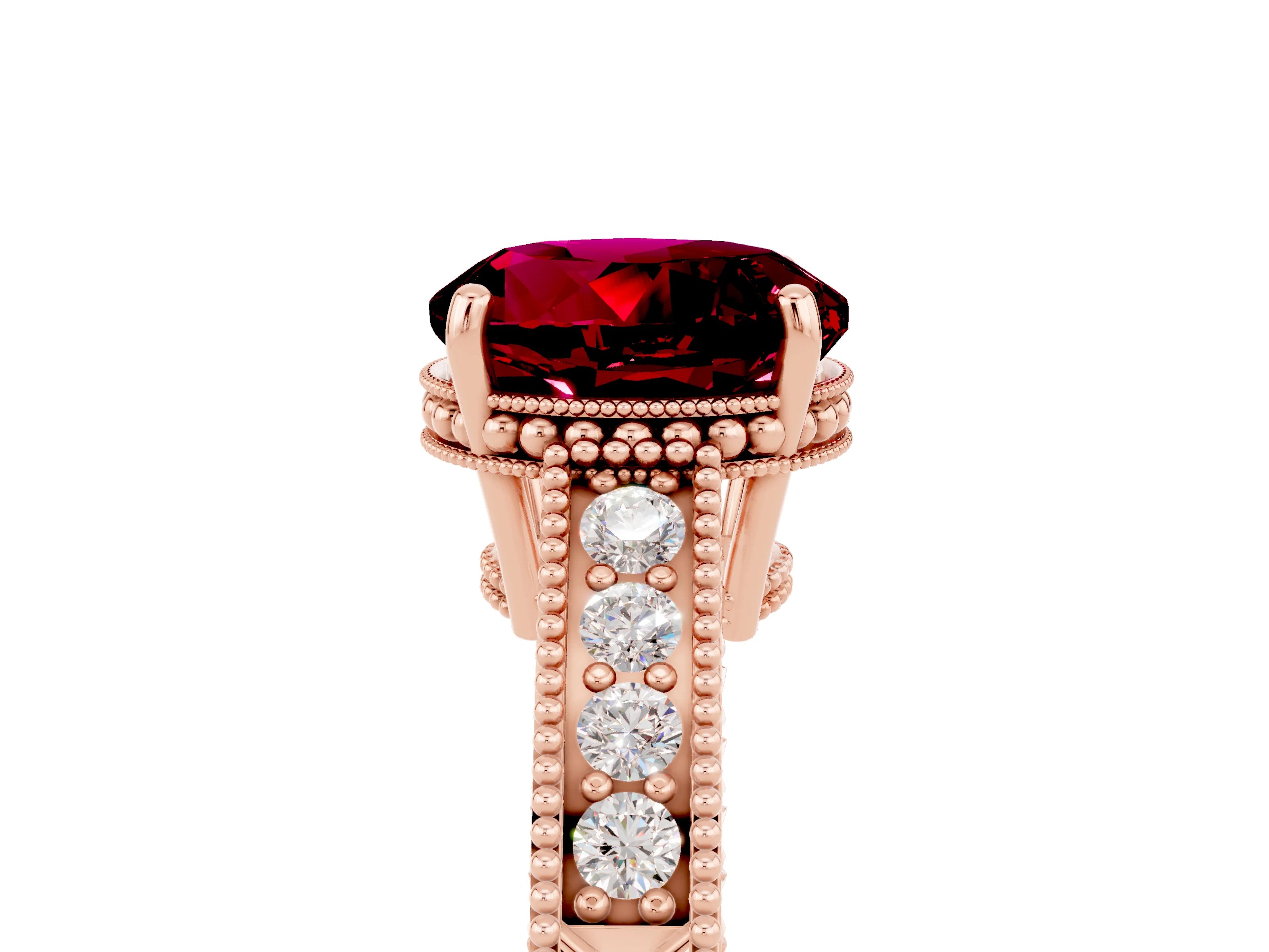 Rose gold Round Cut Garnet Ring with Milgrain Pavé Band and Four-Prong Setting_17