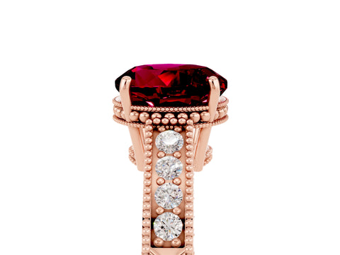 Rose gold Round Cut Garnet Ring with Milgrain Pavé Band and Four-Prong Setting_17
