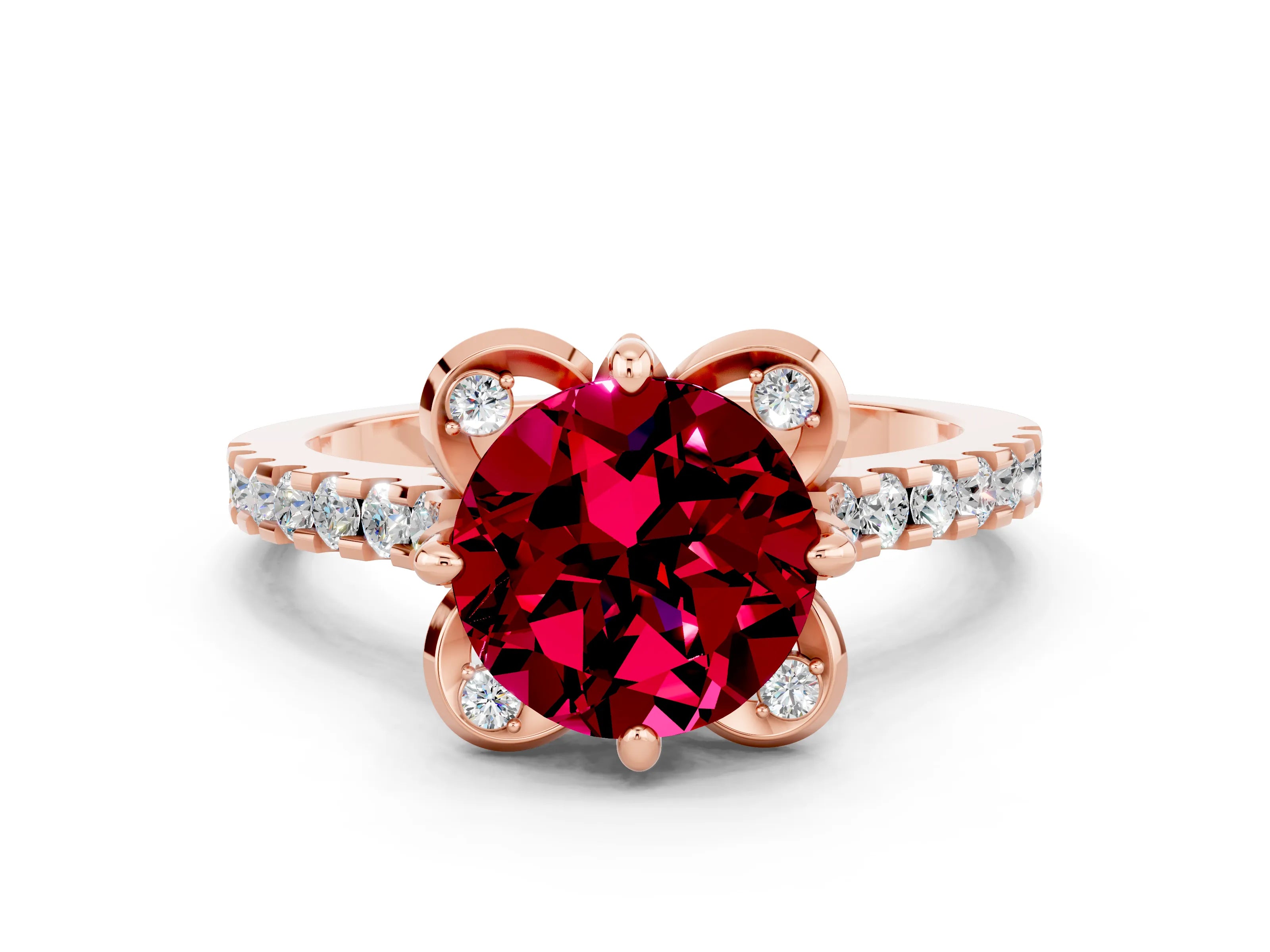 Rose gold Round Cut Garnet Ring with Pavé Band and Floral Prong Setting
