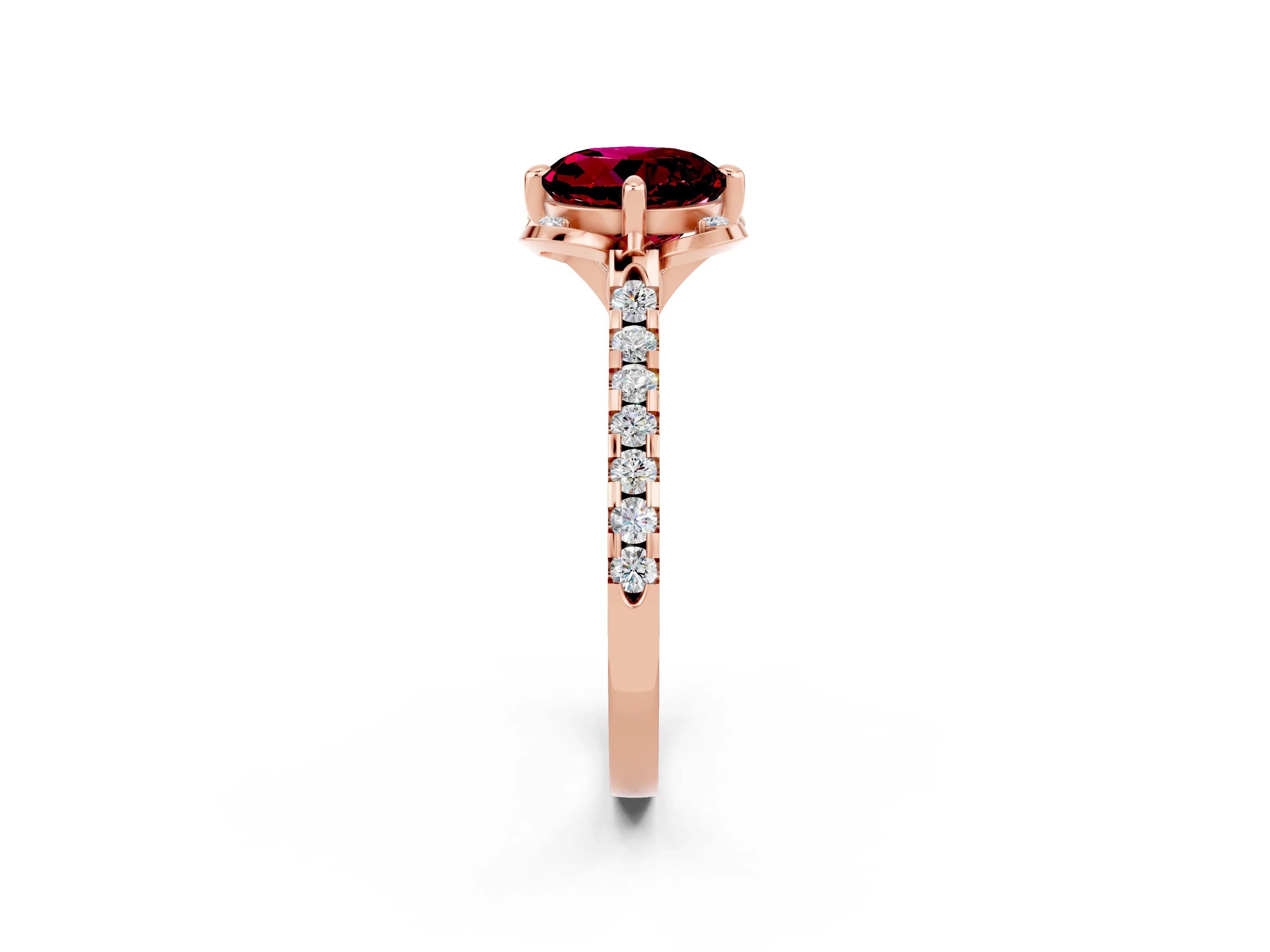 Rose gold Round Cut Garnet Ring with Pavé Band and Floral Prong Setting_2