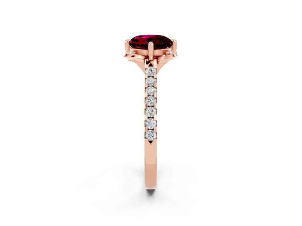 Rose gold Round Cut Garnet Ring with Pavé Band and Floral Prong Setting