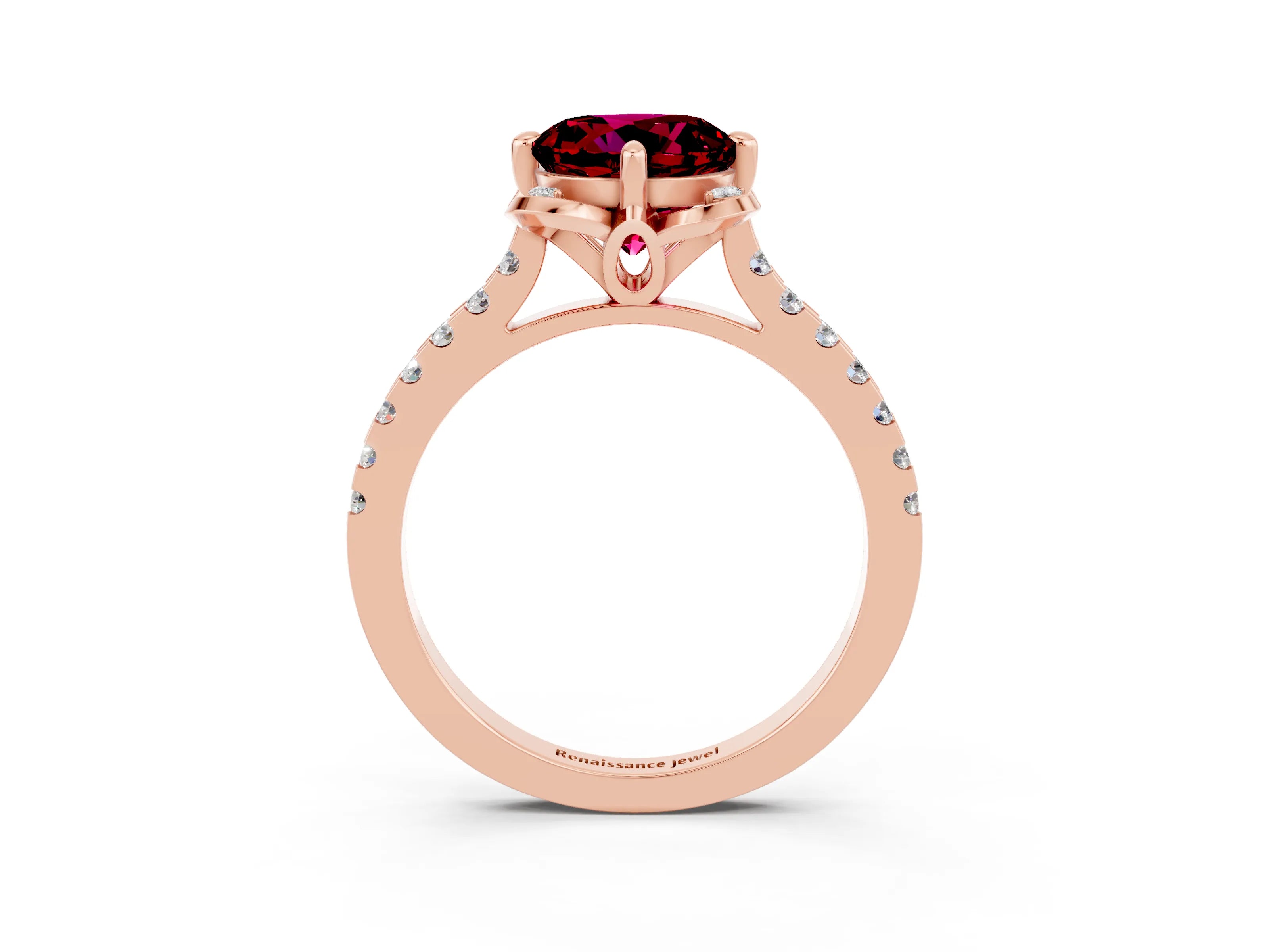 Rose gold Round Cut Garnet Ring with Pavé Band and Floral Prong Setting_3