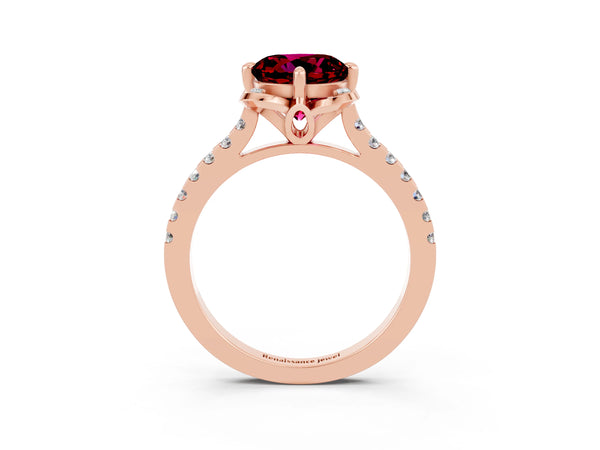 Rose gold Round Cut Garnet Ring with Pavé Band and Floral Prong Setting