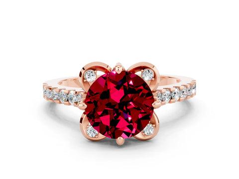 Rose gold Round Cut Garnet Ring with Pavé Band and Floral Prong Setting