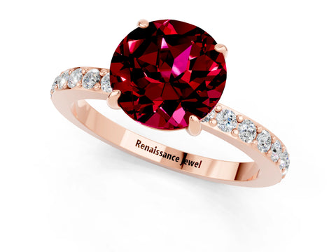 Rose gold Round Cut Garnet Ring with Pavé Band and Four-Prong Setting_1