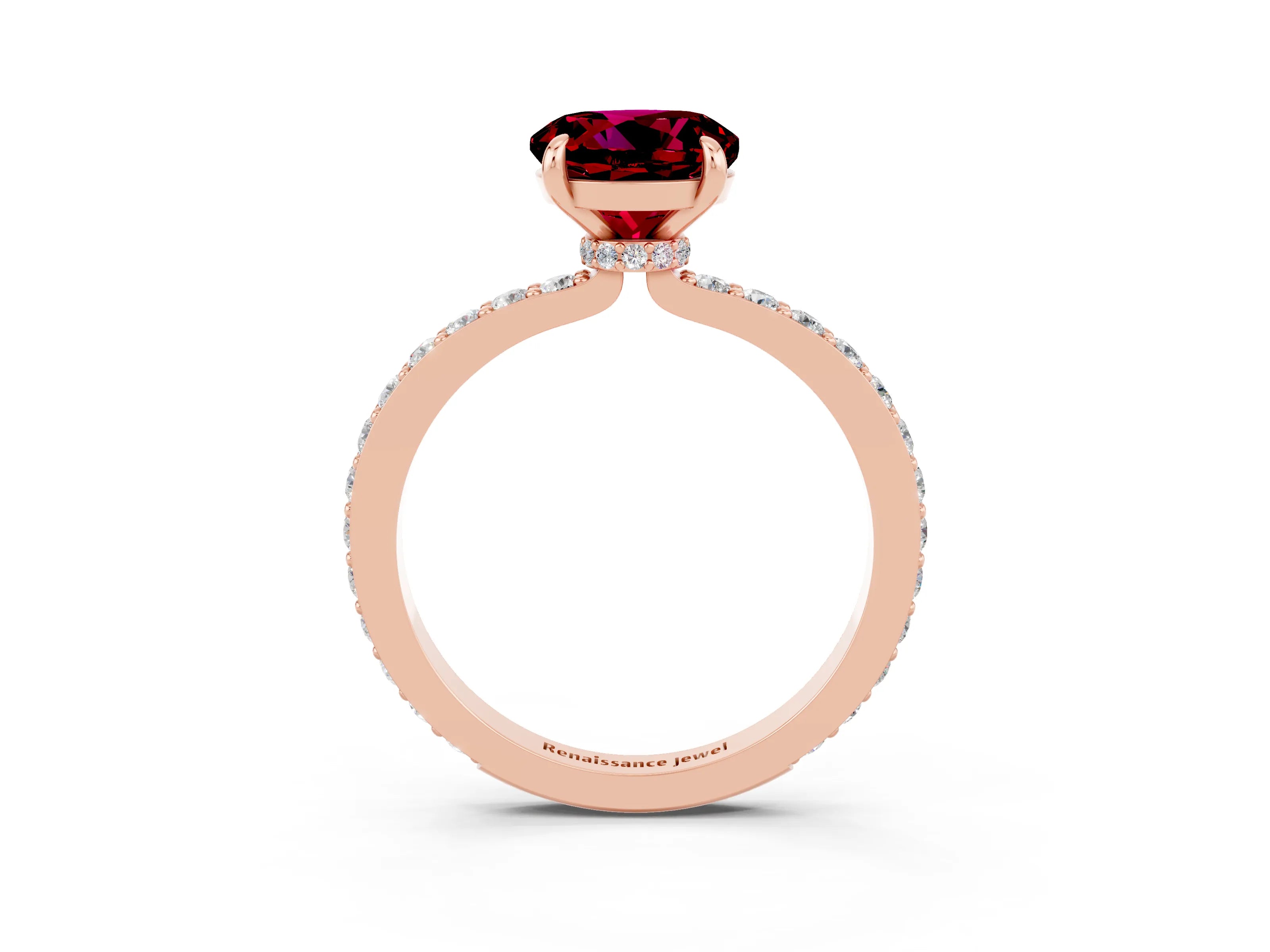 Rose gold Round Cut Garnet Ring with Pavé Band and Four-Prong Setting_3