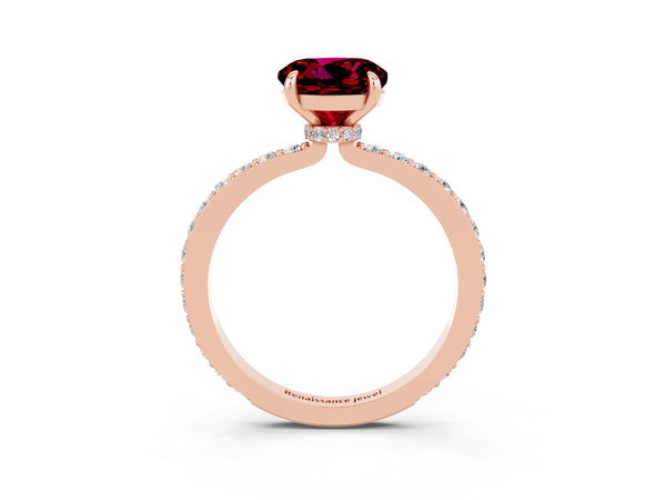 Rose gold Round Cut Garnet Pavé Engagement Ring with Round  Accents and Prong Setting