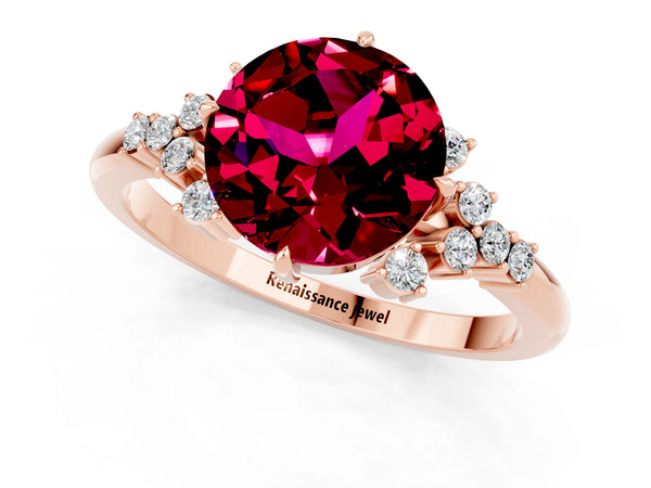 Rose gold Round Cut Garnet Ring with Side Stones and Four-Prong Setting