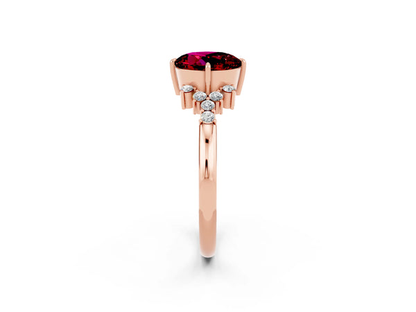Rose gold Round Cut Garnet Ring with Side Stones and Four-Prong Setting