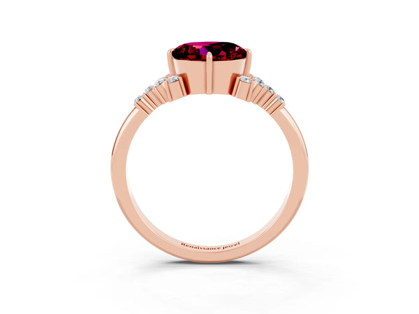 Rose gold Round Cut Garnet Ring with Side Stones and Four-Prong Setting