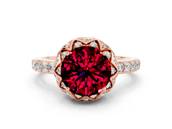 Rose gold Round Cut Garnet Scalloped Halo Engagement Ring with Round Shared Prong Band