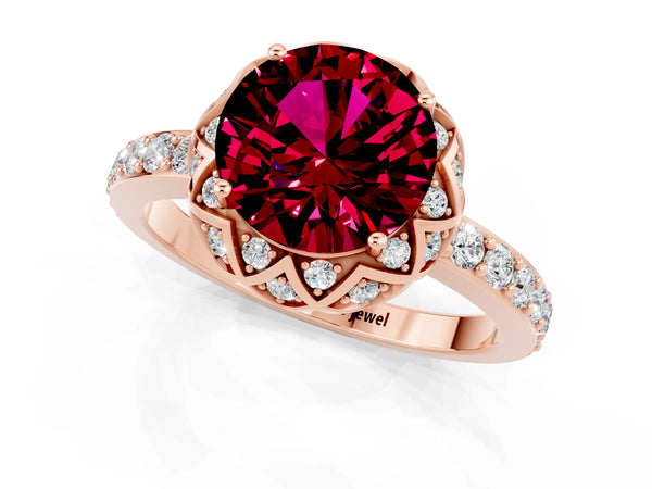 Rose gold Round Cut Garnet Scalloped Halo Engagement Ring with Round Shared Prong Band