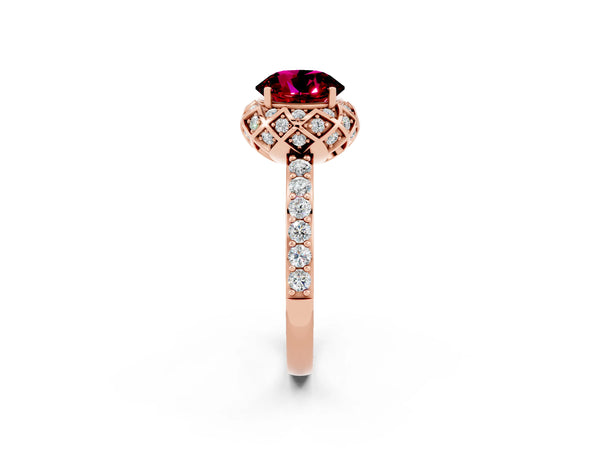 Rose gold Round Cut Garnet Scalloped Halo Engagement Ring with Round Shared Prong Band