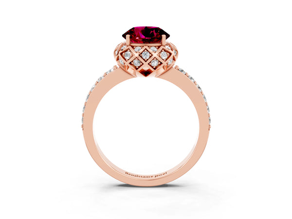 Rose gold Round Cut Garnet Scalloped Halo Engagement Ring with Round Shared Prong Band
